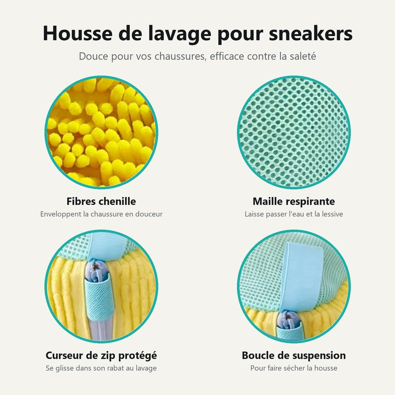 Détails de la housse : fibres chenille, maille respirante, curseur de zip protégé, boucle de suspension